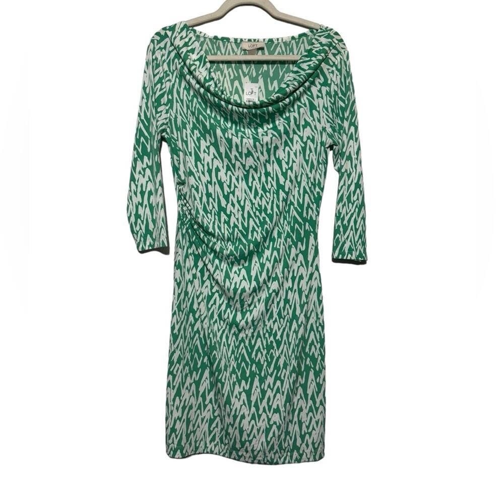 Loft NWT‎ Green White Stretch Slinky Cowl Neck Fitted Pencil Dress Womens Small
